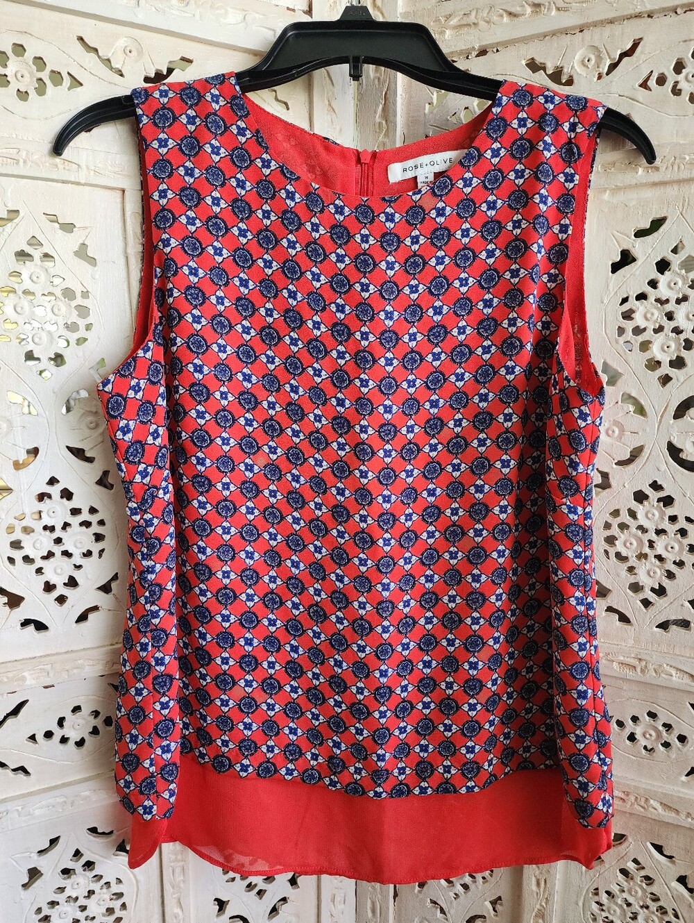 Rose & Olive Red White Blue Geometric Sleeveless Top- Size Medium